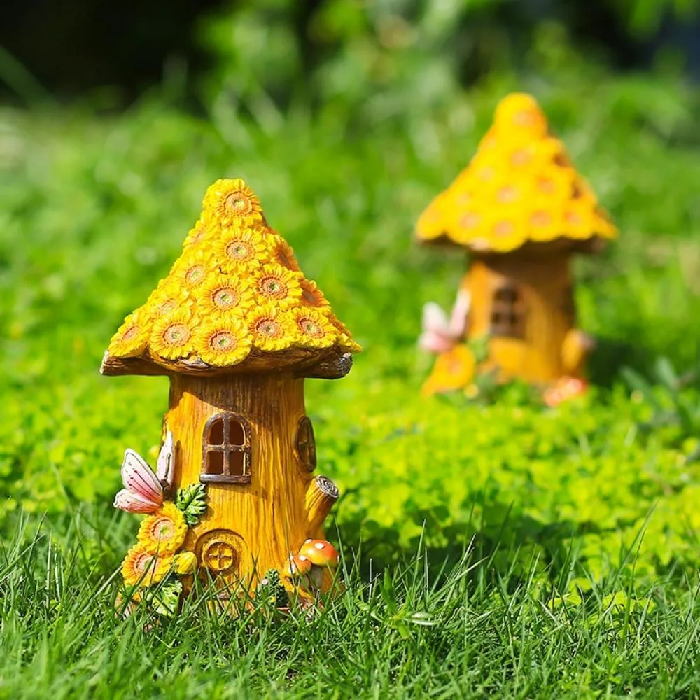 Solar Powered Fairy Sunflower Mushroom Tree House Lamp Waterproof Resin Figurine Night Lamp Ornament Garden Decor Sculpture Wyz20507