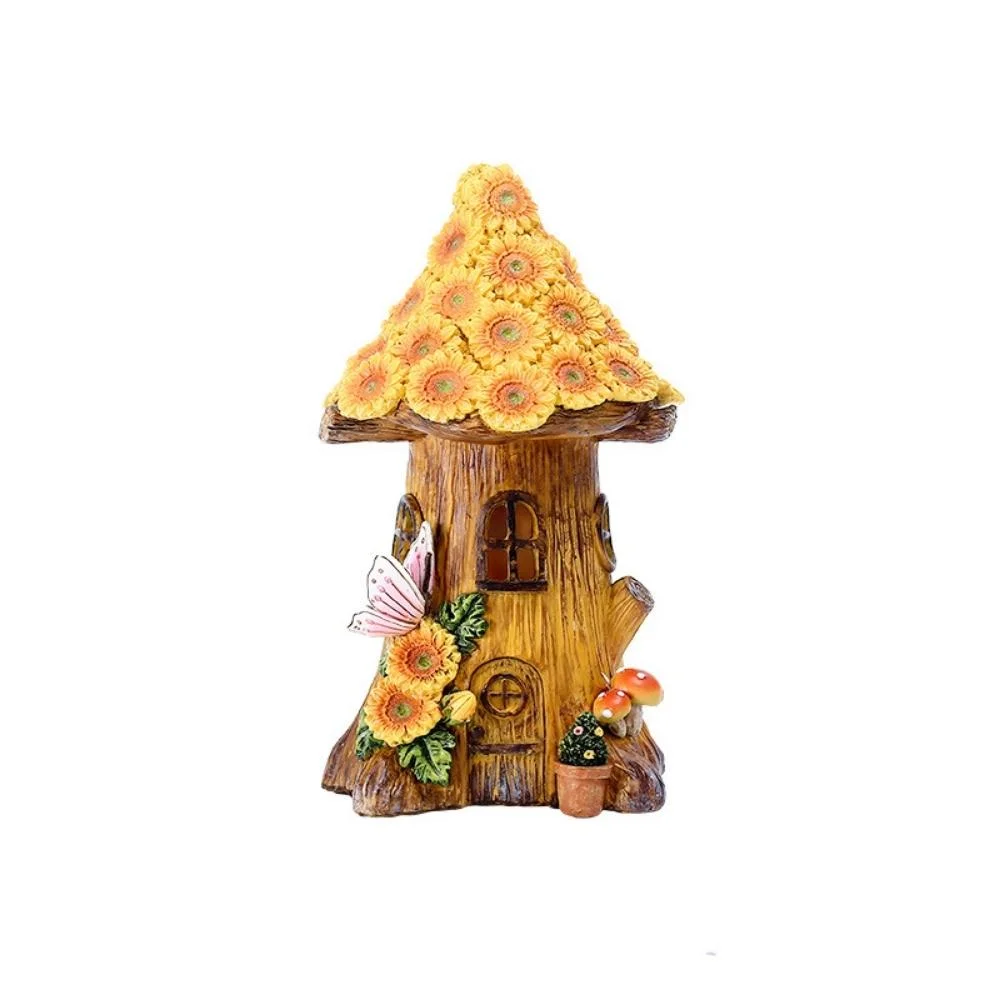 Solar Powered Fairy Sunflower Mushroom Tree House Lamp Waterproof Resin Figurine Night Lamp Ornament Garden Decor Sculpture Wyz20507